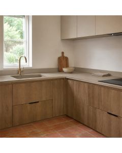 Beige Arizona FENIX NTM worktop 0748 fitted in a kitchen - ultra matt warm beige surface