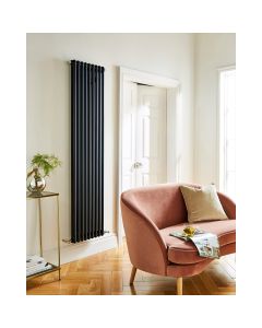 1800 x 425mm 2 column vertical radiator in matt black - styled living room with velvet armchair - Kartell Laser Klassic