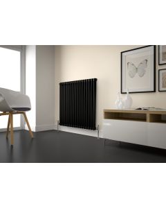 600 x 830mm 2 column horizontal radiator in matt black - modern lounge with framed prints - Kartell Laser Klassic