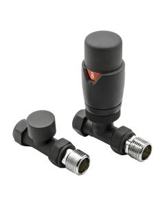 Pair of Reina Modal straight TRV radiator valves finished in matt anthracite grey