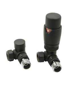Matt black Reina Modal corner thermostatic valves for radiator pipework