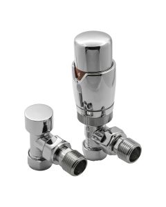 Reina Modal angled thermostatic radiator valves shown as a matching chrome pair