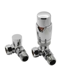 Reina Modal corner thermostatic radiator valves in a polished chrome finish