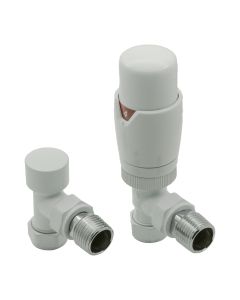 White Reina Modal angled radiator valves with an integrated thermostatic head