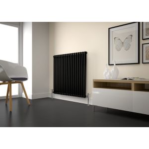 600 x 650mm 3 column horizontal radiator in matt black - modern lounge with framed prints - Kartell Laser Klassic