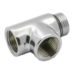 Reina dual fuel T-piece connector in chrome for converting a towel rail to dual fuel