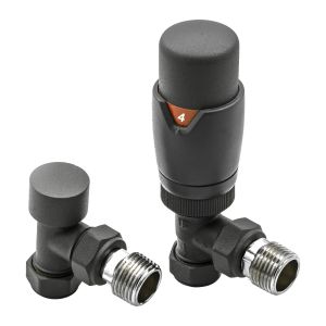 Anthracite grey Reina Modal angled TRV valves for connecting radiators to central heating