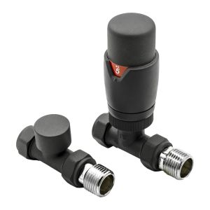 Pair of Reina Modal straight TRV radiator valves finished in matt anthracite grey