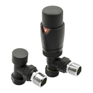 Reina Modal angled thermostatic radiator valve set in a matt black finish