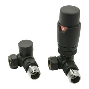 Matt black Reina Modal corner thermostatic valves for radiator pipework