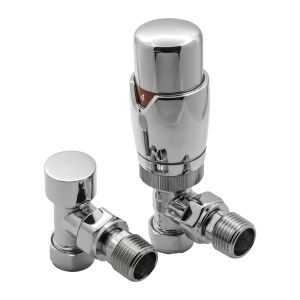Reina Modal angled thermostatic radiator valves shown as a matching chrome pair