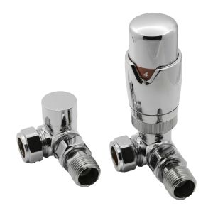 Reina Modal corner thermostatic radiator valves in a polished chrome finish