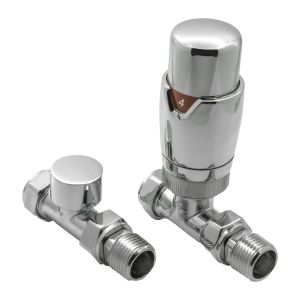 Reina Modal thermostatic radiator valve set with a straight connection in polished chrome