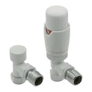 White Reina Modal angled radiator valves with an integrated thermostatic head