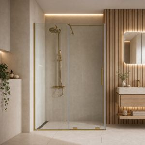 1600mm sliding shower door in brushed brass - 8mm glass - lifestyle view - DUSC Momentum - Scudo Momentum alternative