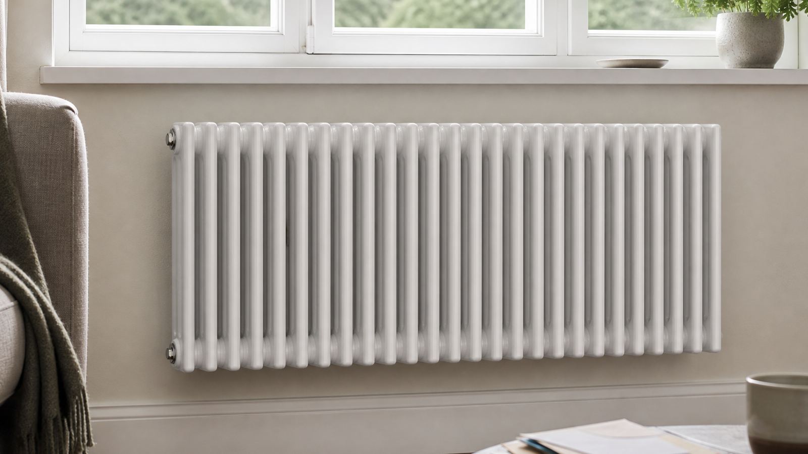 White column radiator in a bright living room